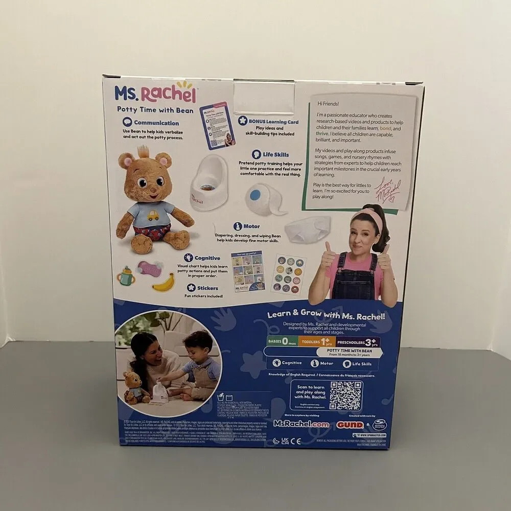 2024 Ms. Rachel POTTY TIME WITH BEAN Bear Plush Toy Play Toilet Paper NEW